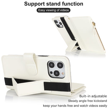 For iPhone 14 Pro Wristband Holder Zipper Purse RFID Leather Phone Case(White) - iPhone 14 Pro Cases by buy2fix | Online Shopping UK | buy2fix