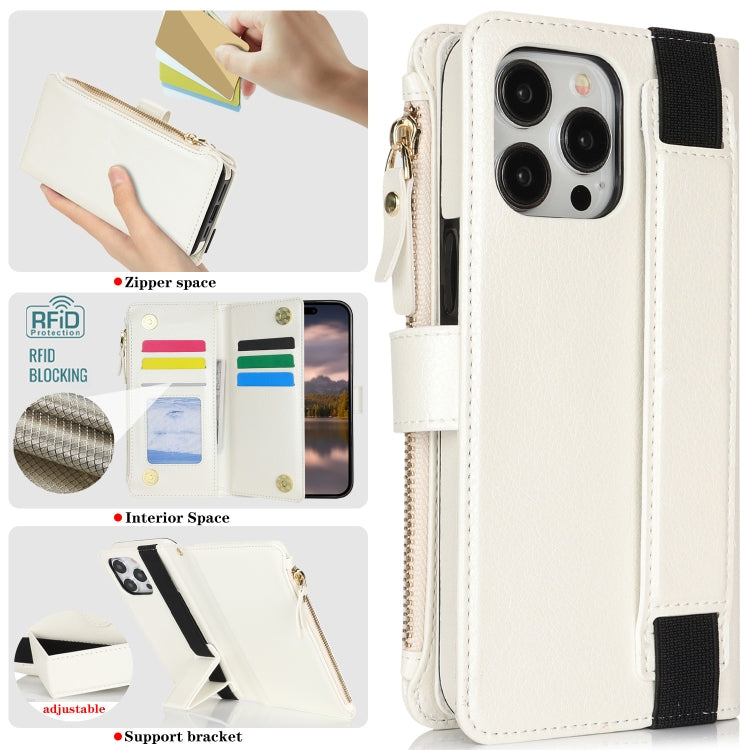 For iPhone 14 Pro Wristband Holder Zipper Purse RFID Leather Phone Case(White) - iPhone 14 Pro Cases by buy2fix | Online Shopping UK | buy2fix