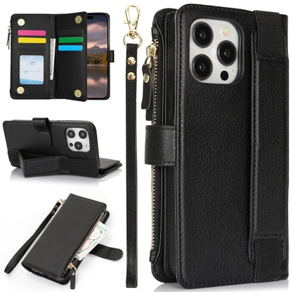 For iPhone 14 Pro Max Wristband Holder Zipper Purse RFID Leather Phone Case(Black) - iPhone 14 Pro Max Cases by buy2fix | Online Shopping UK | buy2fix