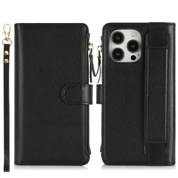 For iPhone 14 Pro Max Wristband Holder Zipper Purse RFID Leather Phone Case(Black) - iPhone 14 Pro Max Cases by buy2fix | Online Shopping UK | buy2fix