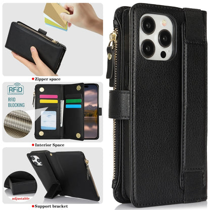 For iPhone 14 Pro Max Wristband Holder Zipper Purse RFID Leather Phone Case(Black) - iPhone 14 Pro Max Cases by buy2fix | Online Shopping UK | buy2fix