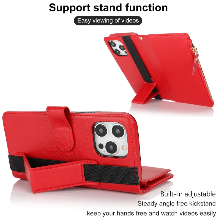 For iPhone 14 Pro Max Wristband Holder Zipper Purse RFID Leather Phone Case(Red) - iPhone 14 Pro Max Cases by buy2fix | Online Shopping UK | buy2fix