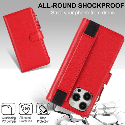 For iPhone 14 Pro Max Wristband Holder Zipper Purse RFID Leather Phone Case(Red) - iPhone 14 Pro Max Cases by buy2fix | Online Shopping UK | buy2fix