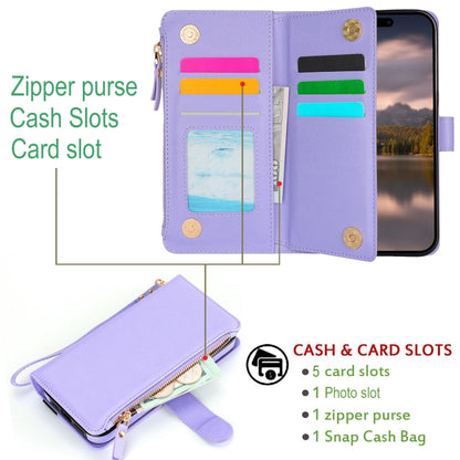 For iPhone 14 Pro Max Wristband Holder Zipper Purse RFID Leather Phone Case(Purple) - iPhone 14 Pro Max Cases by buy2fix | Online Shopping UK | buy2fix