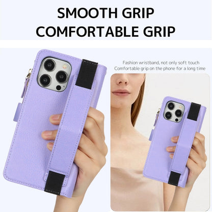 For iPhone 14 Pro Max Wristband Holder Zipper Purse RFID Leather Phone Case(Purple) - iPhone 14 Pro Max Cases by buy2fix | Online Shopping UK | buy2fix