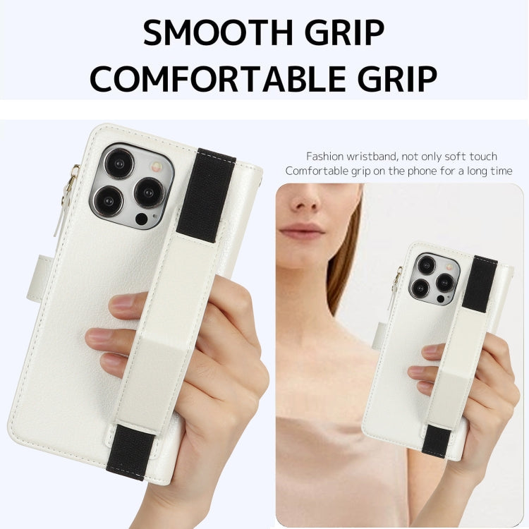 For iPhone 14 Pro Max Wristband Holder Zipper Purse RFID Leather Phone Case(White) - iPhone 14 Pro Max Cases by buy2fix | Online Shopping UK | buy2fix