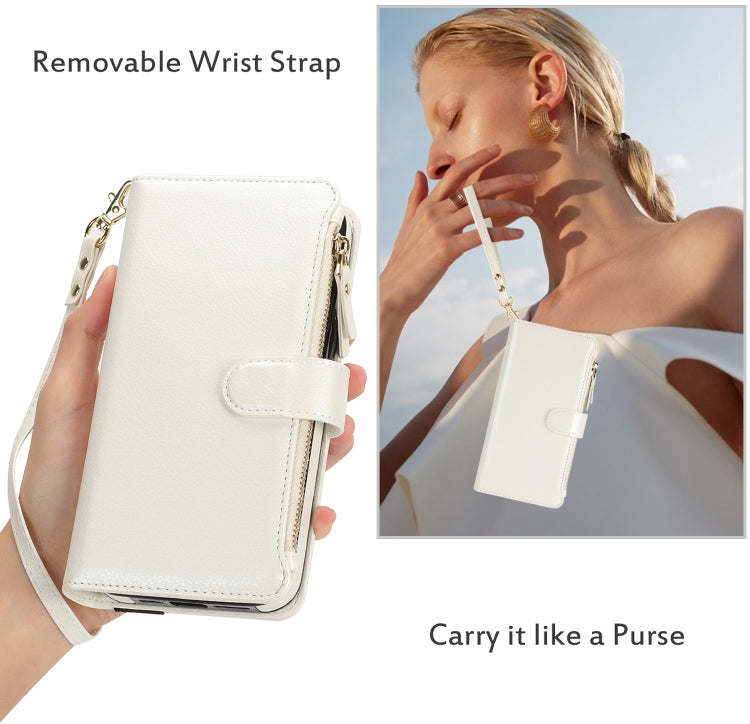 For iPhone 14 Pro Max Wristband Holder Zipper Purse RFID Leather Phone Case(White) - iPhone 14 Pro Max Cases by buy2fix | Online Shopping UK | buy2fix