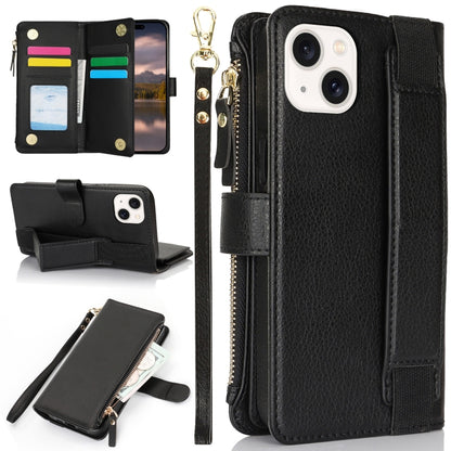 For iPhone 15 Wristband Holder Zipper Purse RFID Leather Phone Case(Black) - iPhone 15 Cases by buy2fix | Online Shopping UK | buy2fix