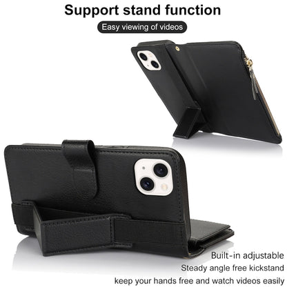 For iPhone 15 Wristband Holder Zipper Purse RFID Leather Phone Case(Black) - iPhone 15 Cases by buy2fix | Online Shopping UK | buy2fix