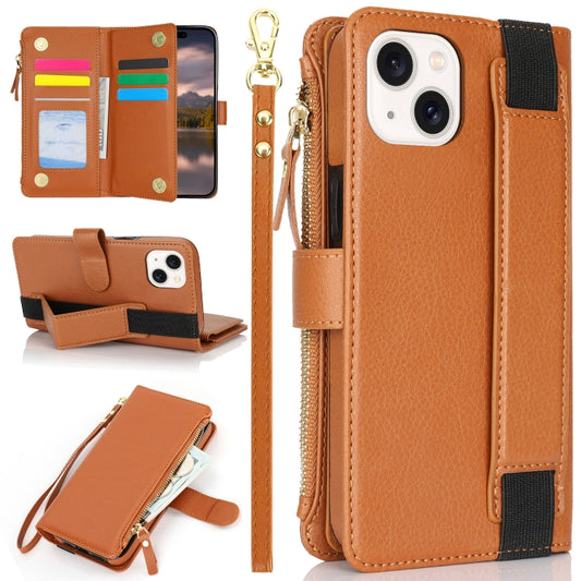For iPhone 15 Wristband Holder Zipper Purse RFID Leather Phone Case(Brown) - iPhone 15 Cases by buy2fix | Online Shopping UK | buy2fix