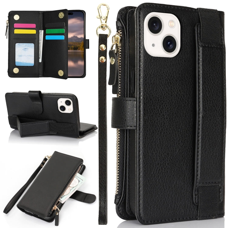 For iPhone 15 Plus Wristband Holder Zipper Purse RFID Leather Phone Case(Black) - iPhone 15 Plus Cases by buy2fix | Online Shopping UK | buy2fix