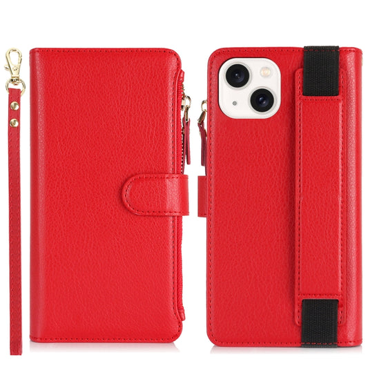 For iPhone 15 Plus Wristband Holder Zipper Purse RFID Leather Phone Case(Red) - iPhone 15 Plus Cases by buy2fix | Online Shopping UK | buy2fix