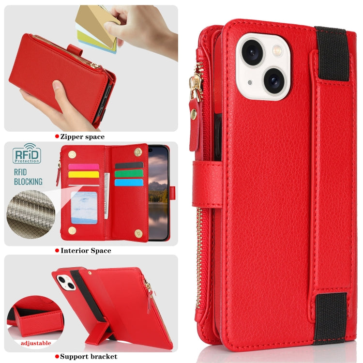 For iPhone 15 Plus Wristband Holder Zipper Purse RFID Leather Phone Case(Red) - iPhone 15 Plus Cases by buy2fix | Online Shopping UK | buy2fix
