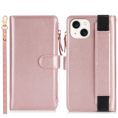 For iPhone 15 Plus Wristband Holder Zipper Purse RFID Leather Phone Case(Rose Gold) - iPhone 15 Plus Cases by buy2fix | Online Shopping UK | buy2fix