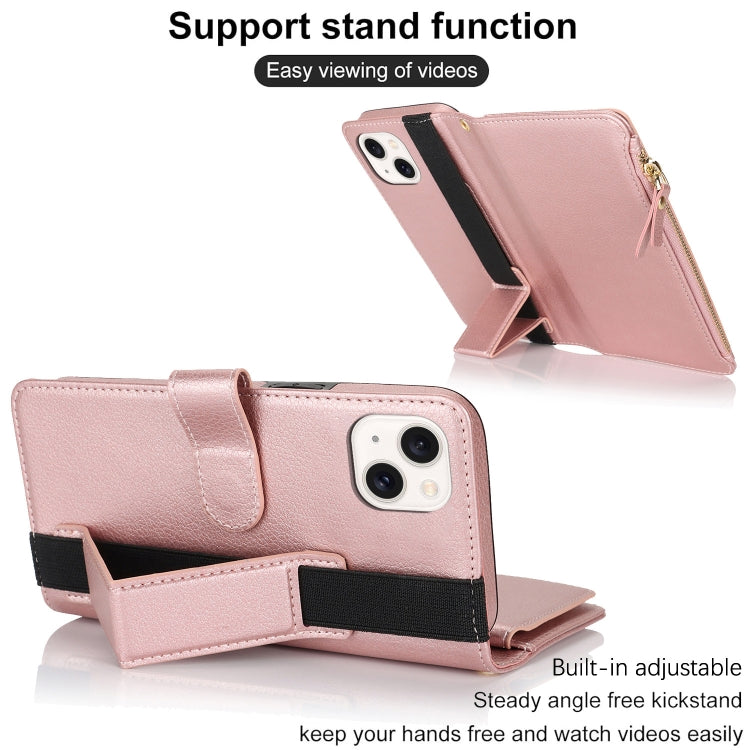 For iPhone 15 Plus Wristband Holder Zipper Purse RFID Leather Phone Case(Rose Gold) - iPhone 15 Plus Cases by buy2fix | Online Shopping UK | buy2fix