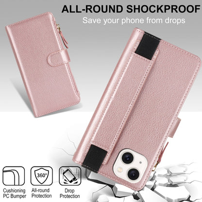 For iPhone 15 Plus Wristband Holder Zipper Purse RFID Leather Phone Case(Rose Gold) - iPhone 15 Plus Cases by buy2fix | Online Shopping UK | buy2fix
