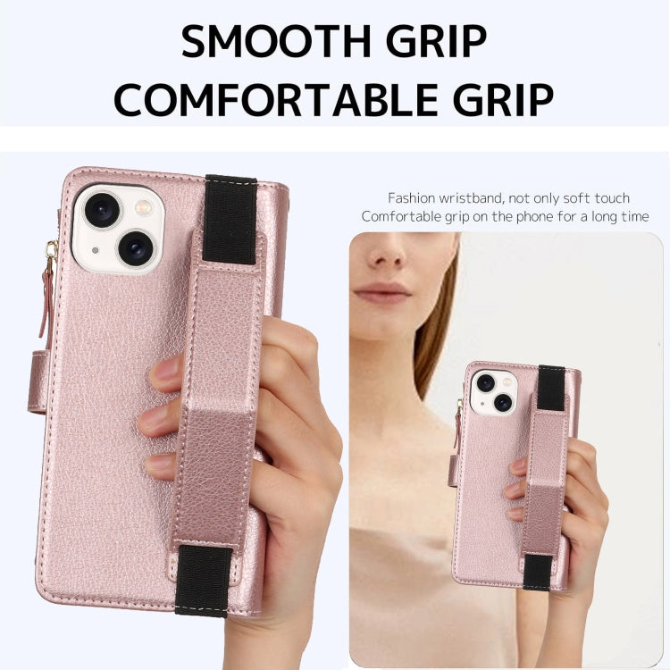 For iPhone 15 Plus Wristband Holder Zipper Purse RFID Leather Phone Case(Rose Gold) - iPhone 15 Plus Cases by buy2fix | Online Shopping UK | buy2fix