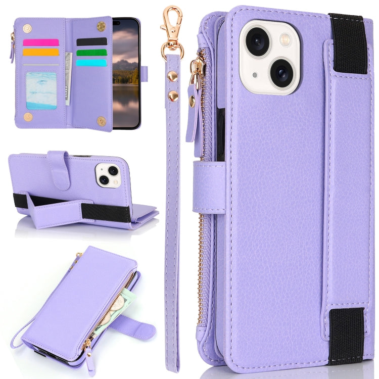 For iPhone 15 Plus Wristband Holder Zipper Purse RFID Leather Phone Case(Purple) - iPhone 15 Plus Cases by buy2fix | Online Shopping UK | buy2fix