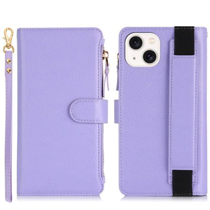 For iPhone 15 Plus Wristband Holder Zipper Purse RFID Leather Phone Case(Purple) - iPhone 15 Plus Cases by buy2fix | Online Shopping UK | buy2fix
