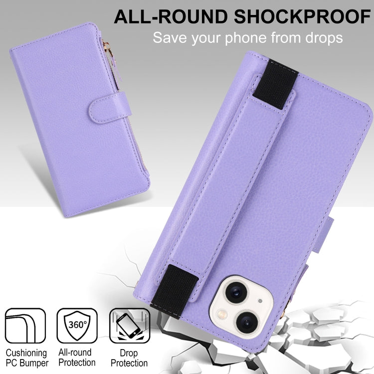 For iPhone 15 Plus Wristband Holder Zipper Purse RFID Leather Phone Case(Purple) - iPhone 15 Plus Cases by buy2fix | Online Shopping UK | buy2fix