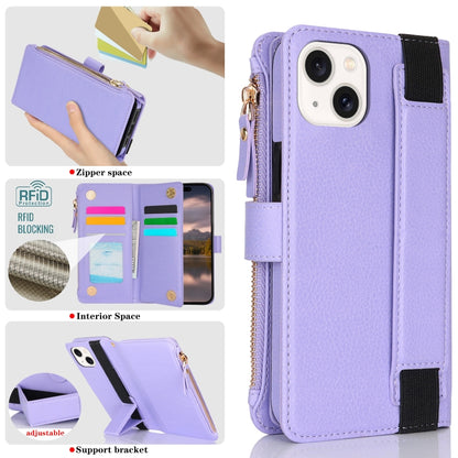 For iPhone 15 Plus Wristband Holder Zipper Purse RFID Leather Phone Case(Purple) - iPhone 15 Plus Cases by buy2fix | Online Shopping UK | buy2fix