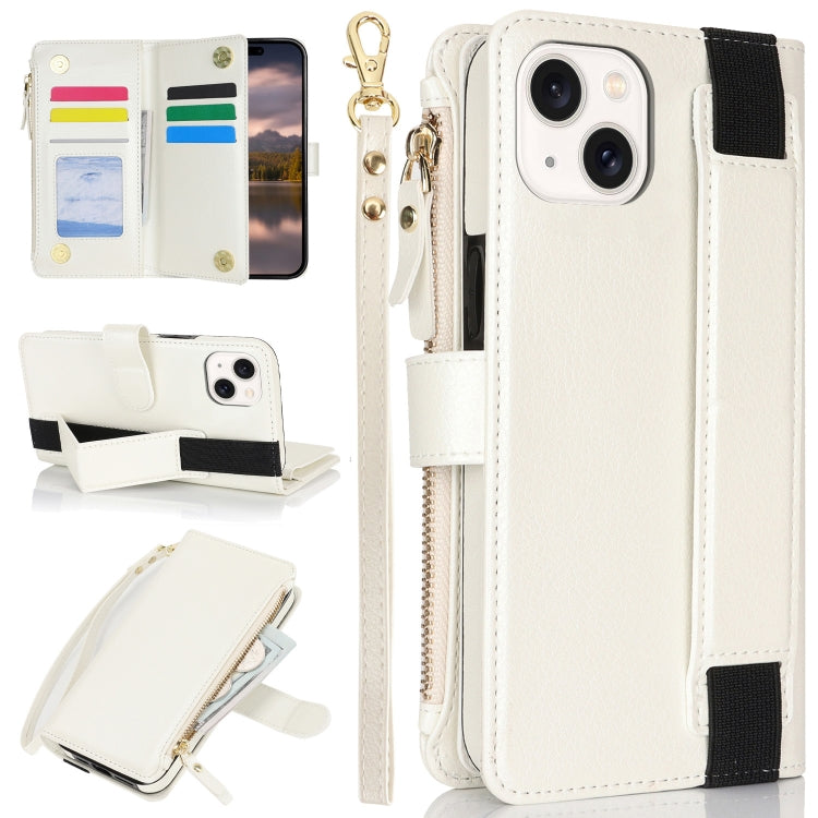 For iPhone 15 Plus Wristband Holder Zipper Purse RFID Leather Phone Case(White) - iPhone 15 Plus Cases by buy2fix | Online Shopping UK | buy2fix