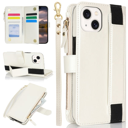 For iPhone 15 Plus Wristband Holder Zipper Purse RFID Leather Phone Case(White) - iPhone 15 Plus Cases by buy2fix | Online Shopping UK | buy2fix