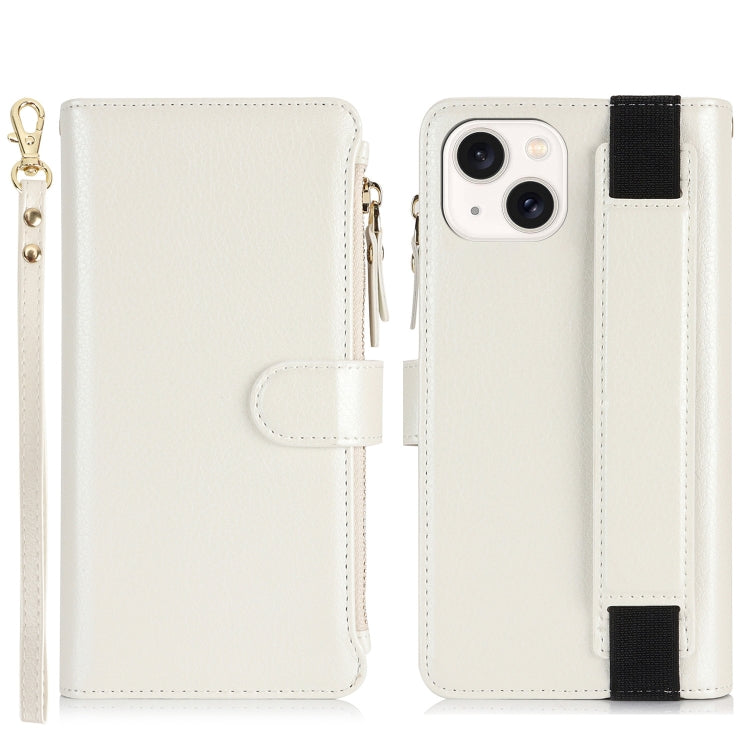 For iPhone 15 Plus Wristband Holder Zipper Purse RFID Leather Phone Case(White) - iPhone 15 Plus Cases by buy2fix | Online Shopping UK | buy2fix