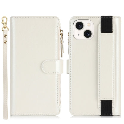 For iPhone 15 Plus Wristband Holder Zipper Purse RFID Leather Phone Case(White) - iPhone 15 Plus Cases by buy2fix | Online Shopping UK | buy2fix