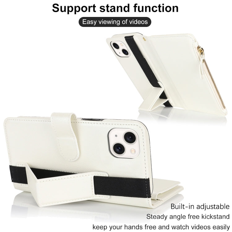 For iPhone 15 Plus Wristband Holder Zipper Purse RFID Leather Phone Case(White) - iPhone 15 Plus Cases by buy2fix | Online Shopping UK | buy2fix