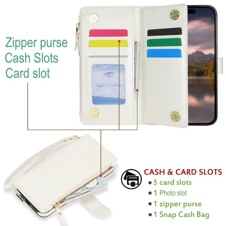 For iPhone 15 Plus Wristband Holder Zipper Purse RFID Leather Phone Case(White) - iPhone 15 Plus Cases by buy2fix | Online Shopping UK | buy2fix