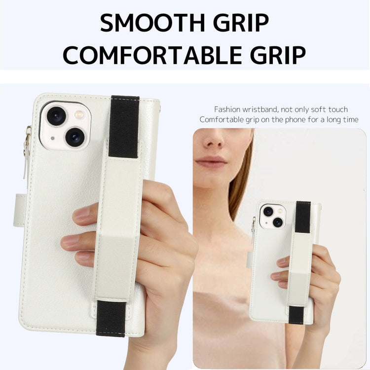 For iPhone 15 Plus Wristband Holder Zipper Purse RFID Leather Phone Case(White) - iPhone 15 Plus Cases by buy2fix | Online Shopping UK | buy2fix