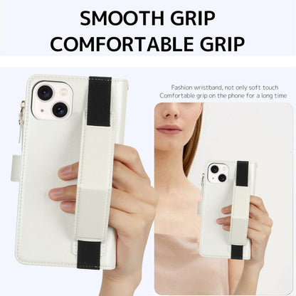 For iPhone 15 Plus Wristband Holder Zipper Purse RFID Leather Phone Case(White) - iPhone 15 Plus Cases by buy2fix | Online Shopping UK | buy2fix