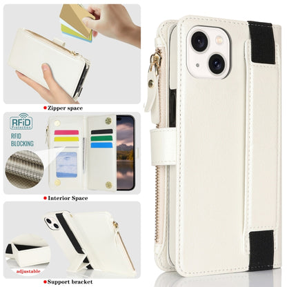 For iPhone 15 Plus Wristband Holder Zipper Purse RFID Leather Phone Case(White) - iPhone 15 Plus Cases by buy2fix | Online Shopping UK | buy2fix