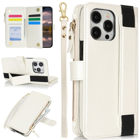 For iPhone 15 Pro Wristband Holder Zipper Purse RFID Leather Phone Case(White) - iPhone 15 Pro Cases by buy2fix | Online Shopping UK | buy2fix