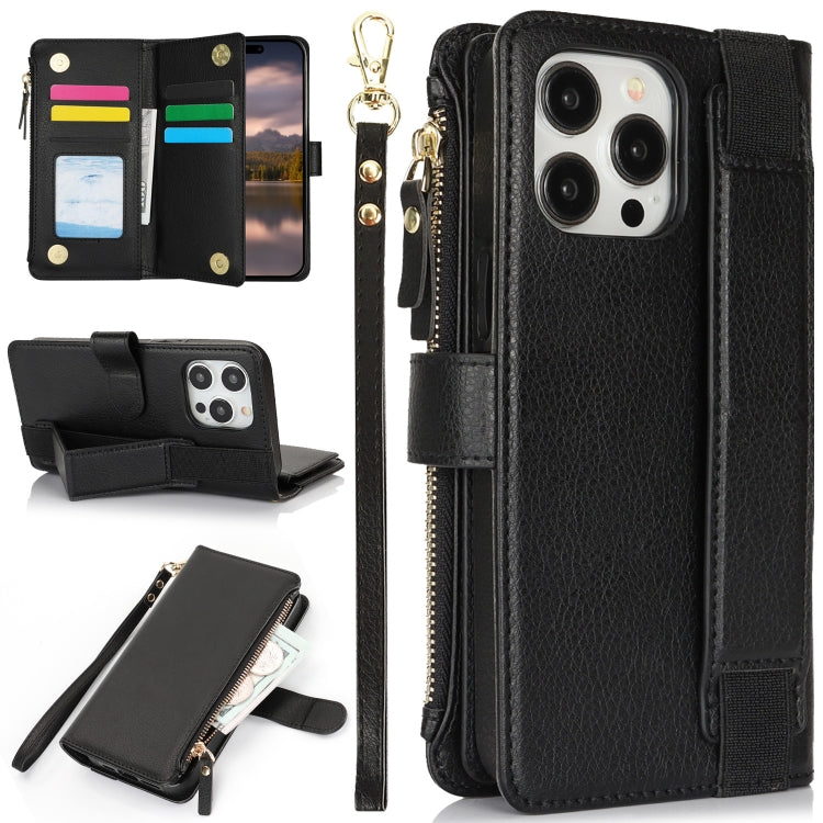 For iPhone 15 Pro Max Wristband Holder Zipper Purse RFID Leather Phone Case(Black) - iPhone 15 Pro Max Cases by buy2fix | Online Shopping UK | buy2fix