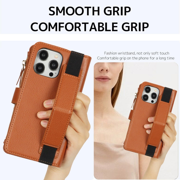 For iPhone 15 Pro Max Wristband Holder Zipper Purse RFID Leather Phone Case(Brown) - iPhone 15 Pro Max Cases by buy2fix | Online Shopping UK | buy2fix
