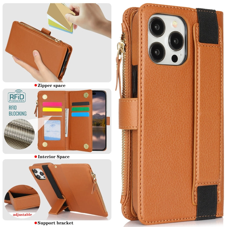 For iPhone 15 Pro Max Wristband Holder Zipper Purse RFID Leather Phone Case(Brown) - iPhone 15 Pro Max Cases by buy2fix | Online Shopping UK | buy2fix