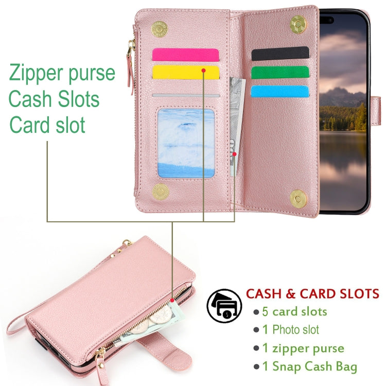 For iPhone 15 Pro Max Wristband Holder Zipper Purse RFID Leather Phone Case(Rose Gold) - iPhone 15 Pro Max Cases by buy2fix | Online Shopping UK | buy2fix