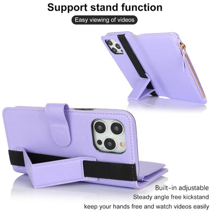 For iPhone 15 Pro Max Wristband Holder Zipper Purse RFID Leather Phone Case(Purple) - iPhone 15 Pro Max Cases by buy2fix | Online Shopping UK | buy2fix