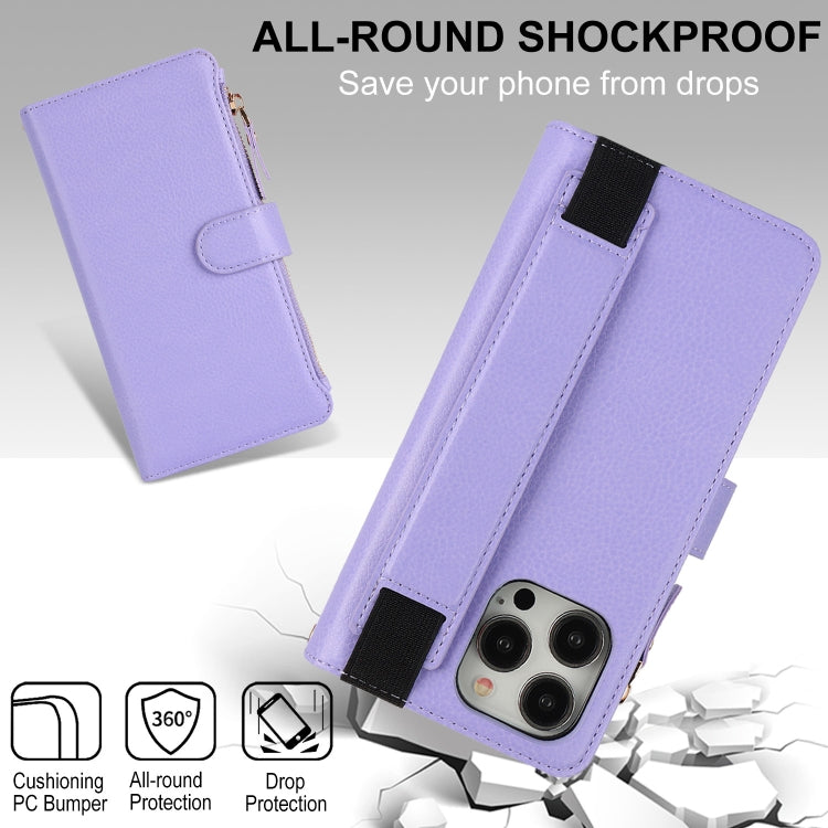 For iPhone 15 Pro Max Wristband Holder Zipper Purse RFID Leather Phone Case(Purple) - iPhone 15 Pro Max Cases by buy2fix | Online Shopping UK | buy2fix