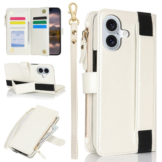 For iPhone 16 Wristband Holder Zipper Purse RFID Leather Phone Case(White) - iPhone 16 Cases by buy2fix | Online Shopping UK | buy2fix