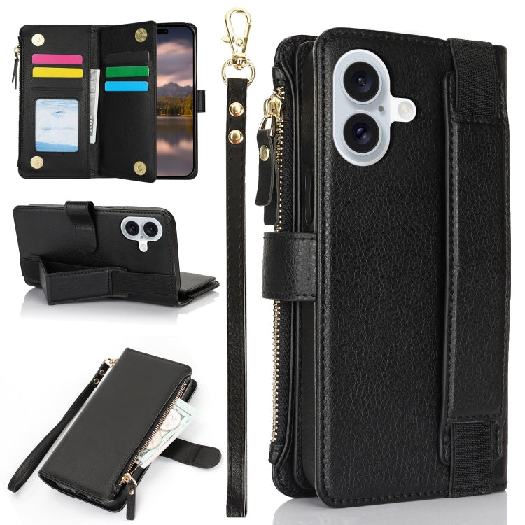 For iPhone 16 Plus Wristband Holder Zipper Purse RFID Leather Phone Case(Black) - iPhone 16 Plus Cases by buy2fix | Online Shopping UK | buy2fix