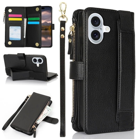 For iPhone 16 Plus Wristband Holder Zipper Purse RFID Leather Phone Case(Black) - iPhone 16 Plus Cases by buy2fix | Online Shopping UK | buy2fix
