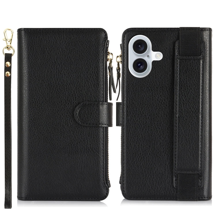For iPhone 16 Plus Wristband Holder Zipper Purse RFID Leather Phone Case(Black) - iPhone 16 Plus Cases by buy2fix | Online Shopping UK | buy2fix