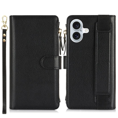 For iPhone 16 Plus Wristband Holder Zipper Purse RFID Leather Phone Case(Black) - iPhone 16 Plus Cases by buy2fix | Online Shopping UK | buy2fix