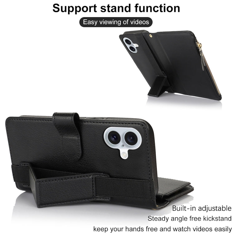 For iPhone 16 Plus Wristband Holder Zipper Purse RFID Leather Phone Case(Black) - iPhone 16 Plus Cases by buy2fix | Online Shopping UK | buy2fix