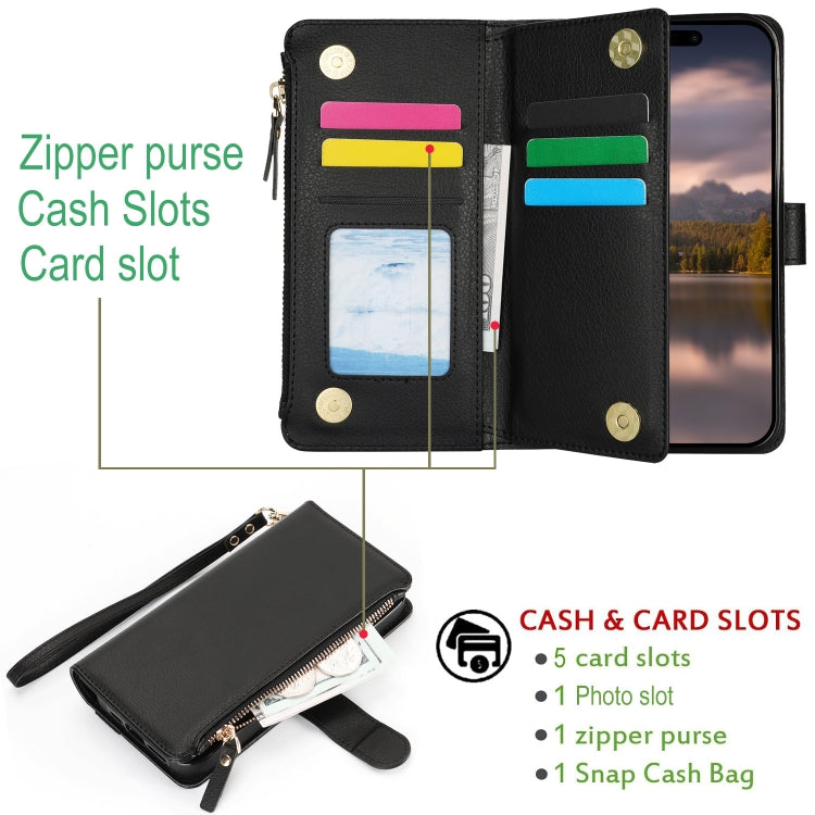 For iPhone 16 Plus Wristband Holder Zipper Purse RFID Leather Phone Case(Black) - iPhone 16 Plus Cases by buy2fix | Online Shopping UK | buy2fix