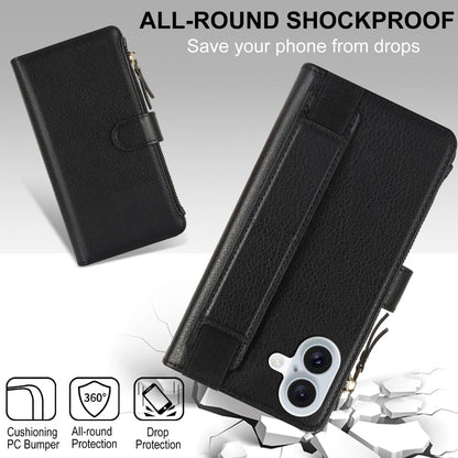 For iPhone 16 Plus Wristband Holder Zipper Purse RFID Leather Phone Case(Black) - iPhone 16 Plus Cases by buy2fix | Online Shopping UK | buy2fix