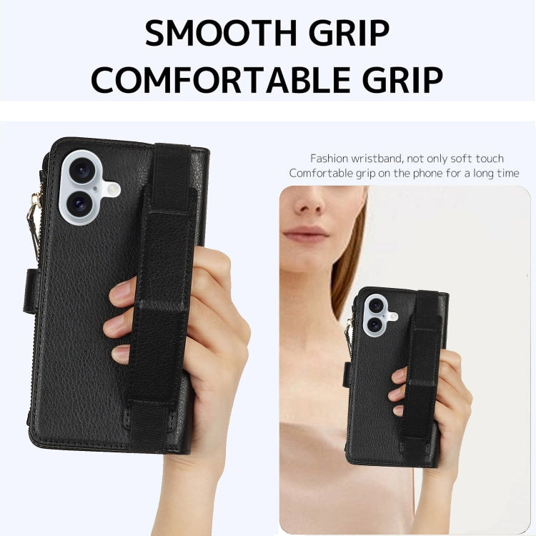 For iPhone 16 Plus Wristband Holder Zipper Purse RFID Leather Phone Case(Black) - iPhone 16 Plus Cases by buy2fix | Online Shopping UK | buy2fix